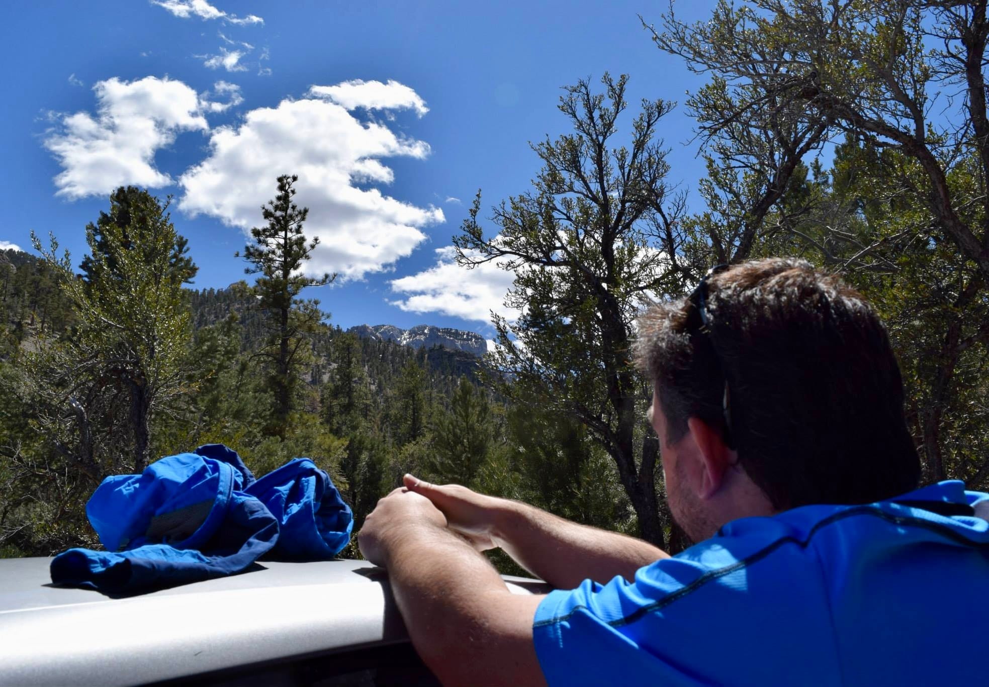 A man with short brown hair rests his hands on the roof of a silver car and looks at the forest and snow-covered mountains on the horizon.