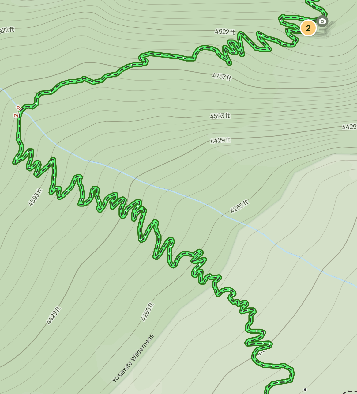 A portion of the Upper Yosemite Falls trail map, showing dozens of consecutive switchbacks