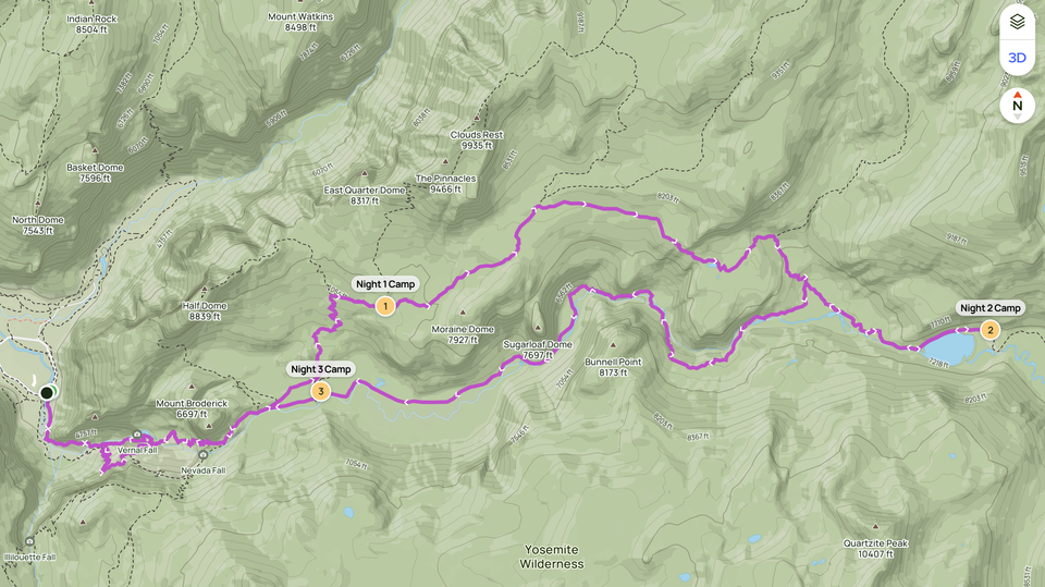 Map of a hiking route in Yosemite National Park with campsites marked.