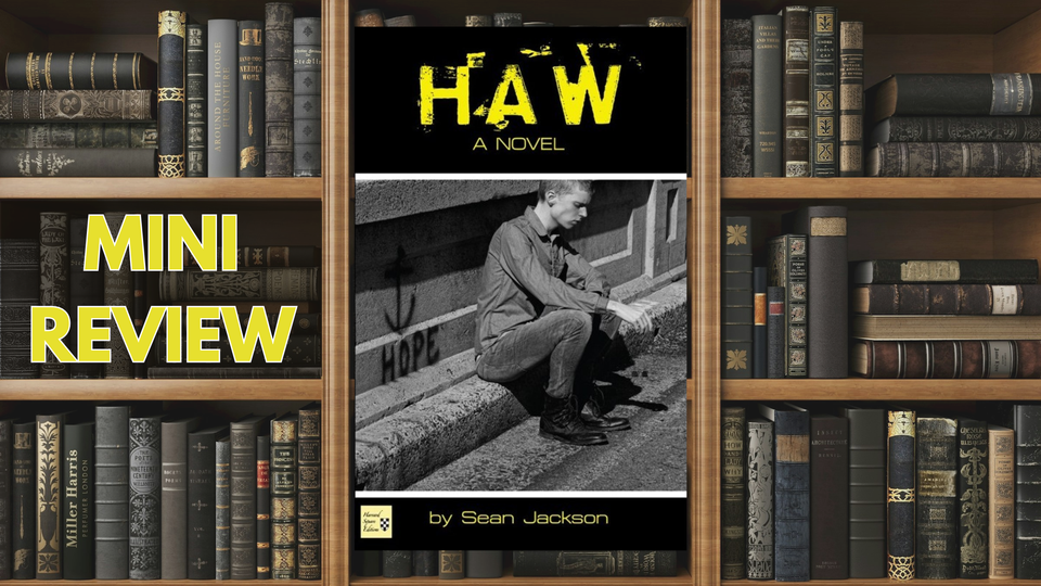 A bookshelf filled with books alongside a yellow and black cover of "Haw"