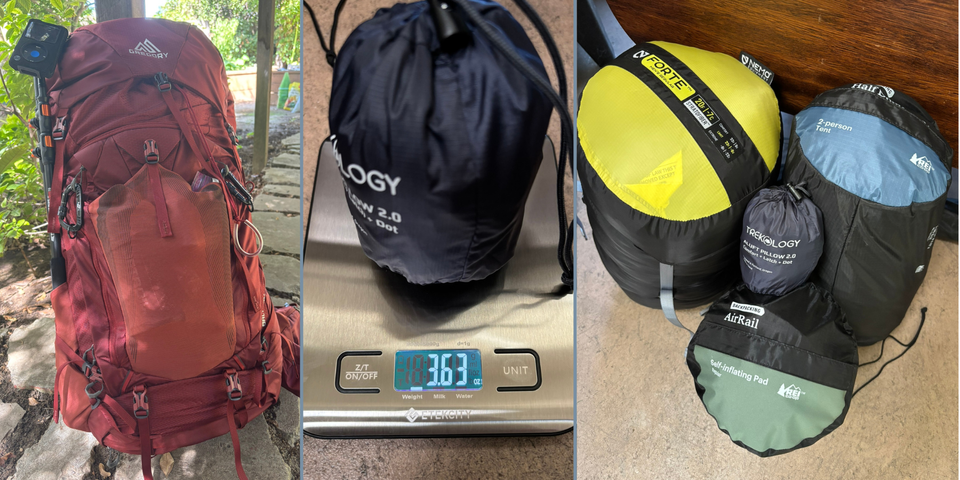 A collage of backpacking gear, including a large brick red backpack, sleeping bag, and inflatable pillow