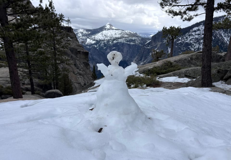 A small snowman on a snowy mountain landscape with pine trees and distant peaks under a cloudy sky.