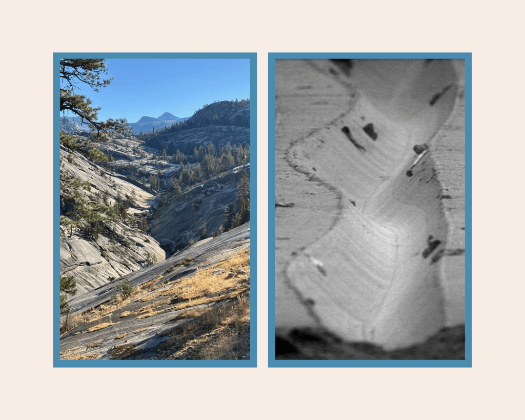 A split image with the left side showing a scenic view of rocky hills, trees, and distant mountains under a clear blue sky. The right side features a microscopic image of a vinyl record groove.