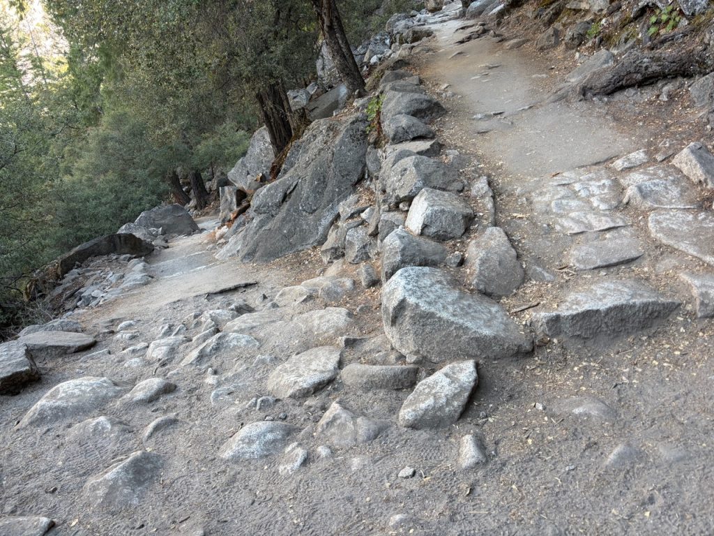 Switchbacks on a rocky hiking trail through the forest.