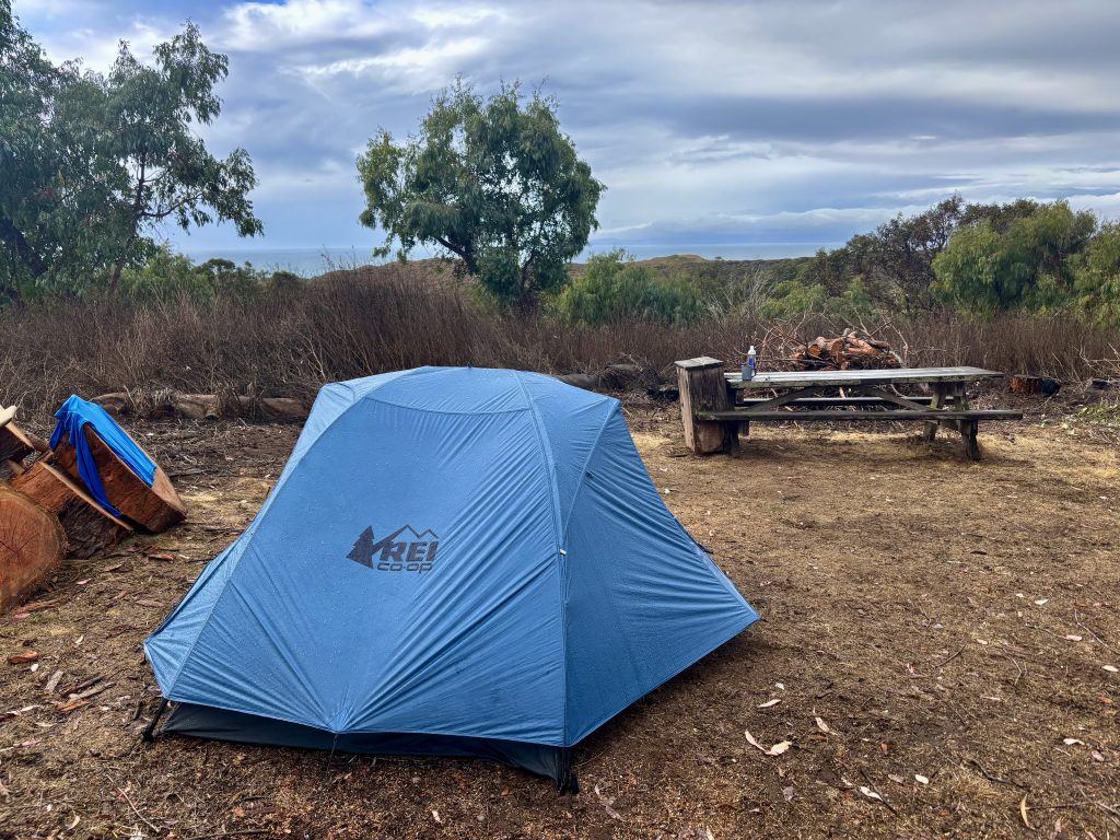 A blue tent sits on a sandy beach with a grassy hillside and a clear blue sky in the background.