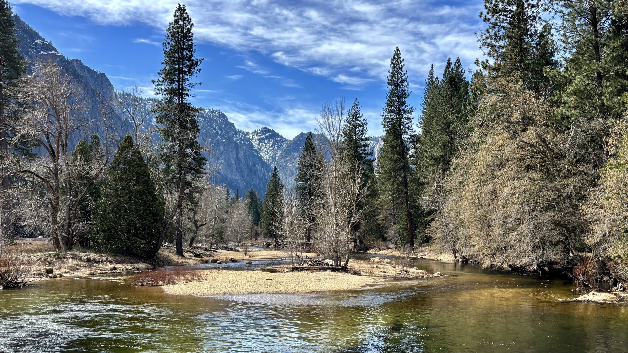 River flowing through a forested valley with tall pine trees, rocky mountains in the background, and a partly cloudy blue sky.