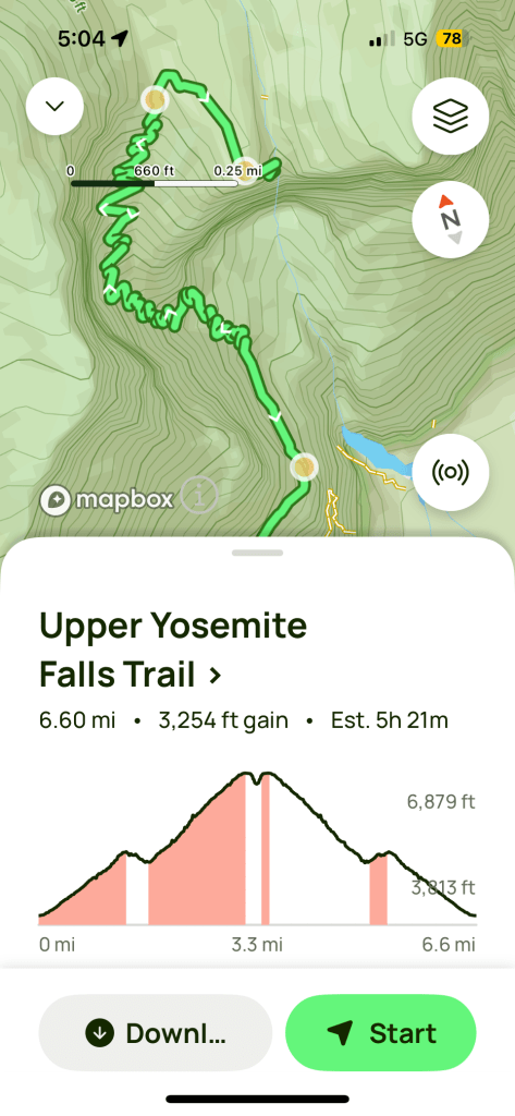 A portion of the Upper Yosemite Falls trail map, showing dozens of consecutive switchbacks
