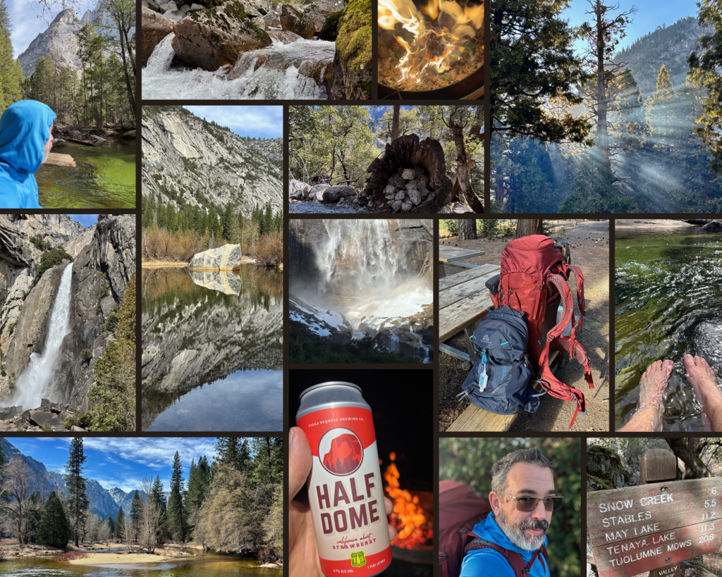 Collage of Yosemite scenes: waterfalls, river reflections, forest with sunbeams, rushing stream, campsite fire and backpacks, a person hiking, a beer can labeled "Half Dome," feet in river, and a wooden trail sign.