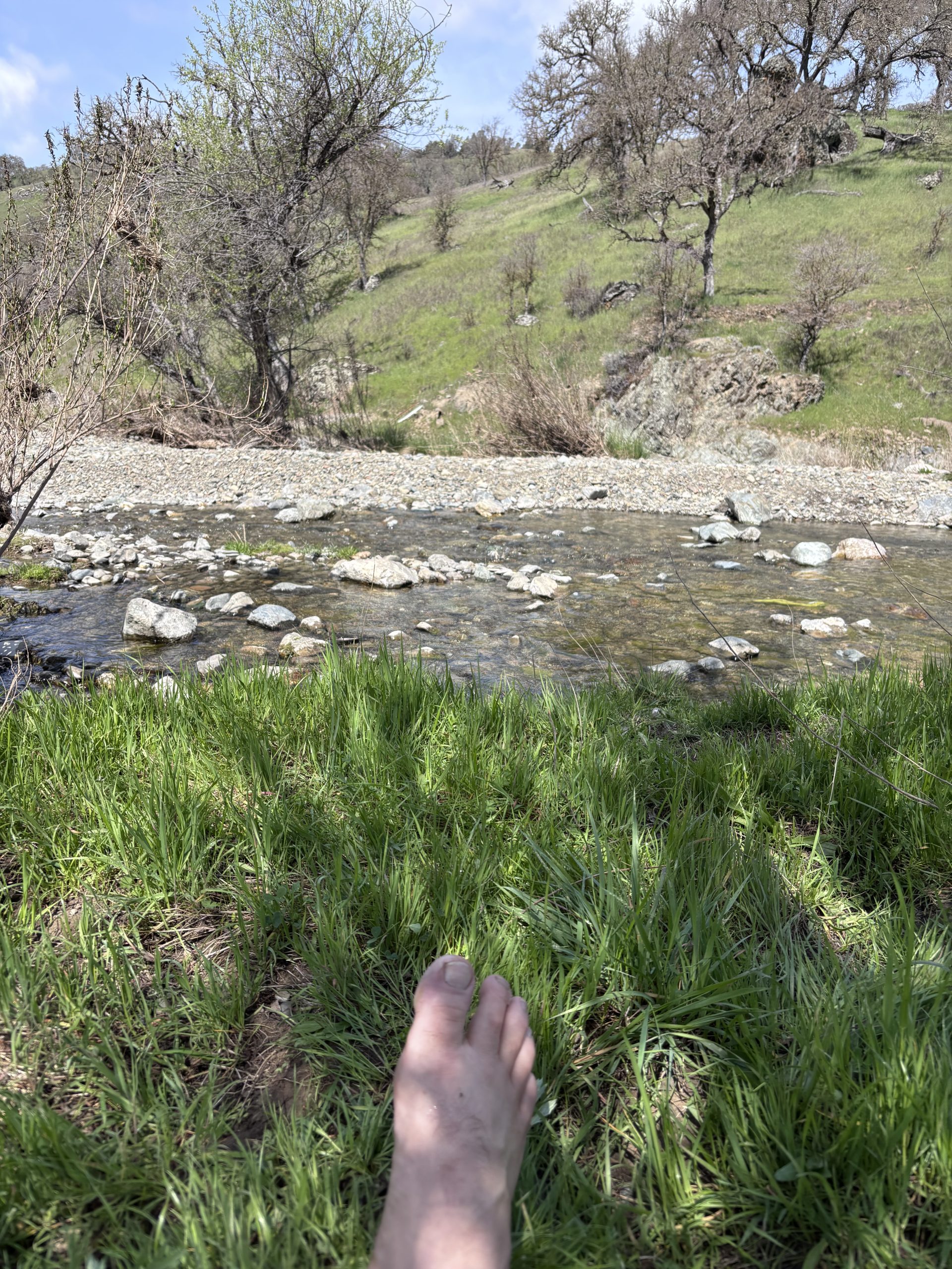 Shallow rocky creek with clear water flowing through a grassy hillside dotted with leafless oak trees under a partly cloudy sky. A person's foot is visible in the foreground.