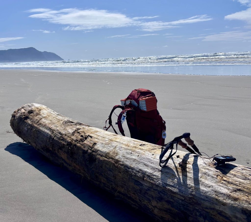 A loaded Gregory backpack rests against a massive driftwood log on a wide, windswept stretch of the Oregon Coast Trail. Trekking poles and an iPod sit nearby under a bright blue sky
