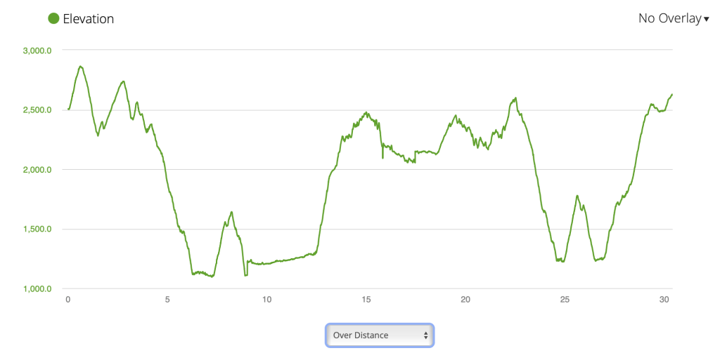 Line chart of elevation vs. distance showing multiple steep climbs and drops between about 1,000 ft and 3,000 ft over a ~31-mile route.