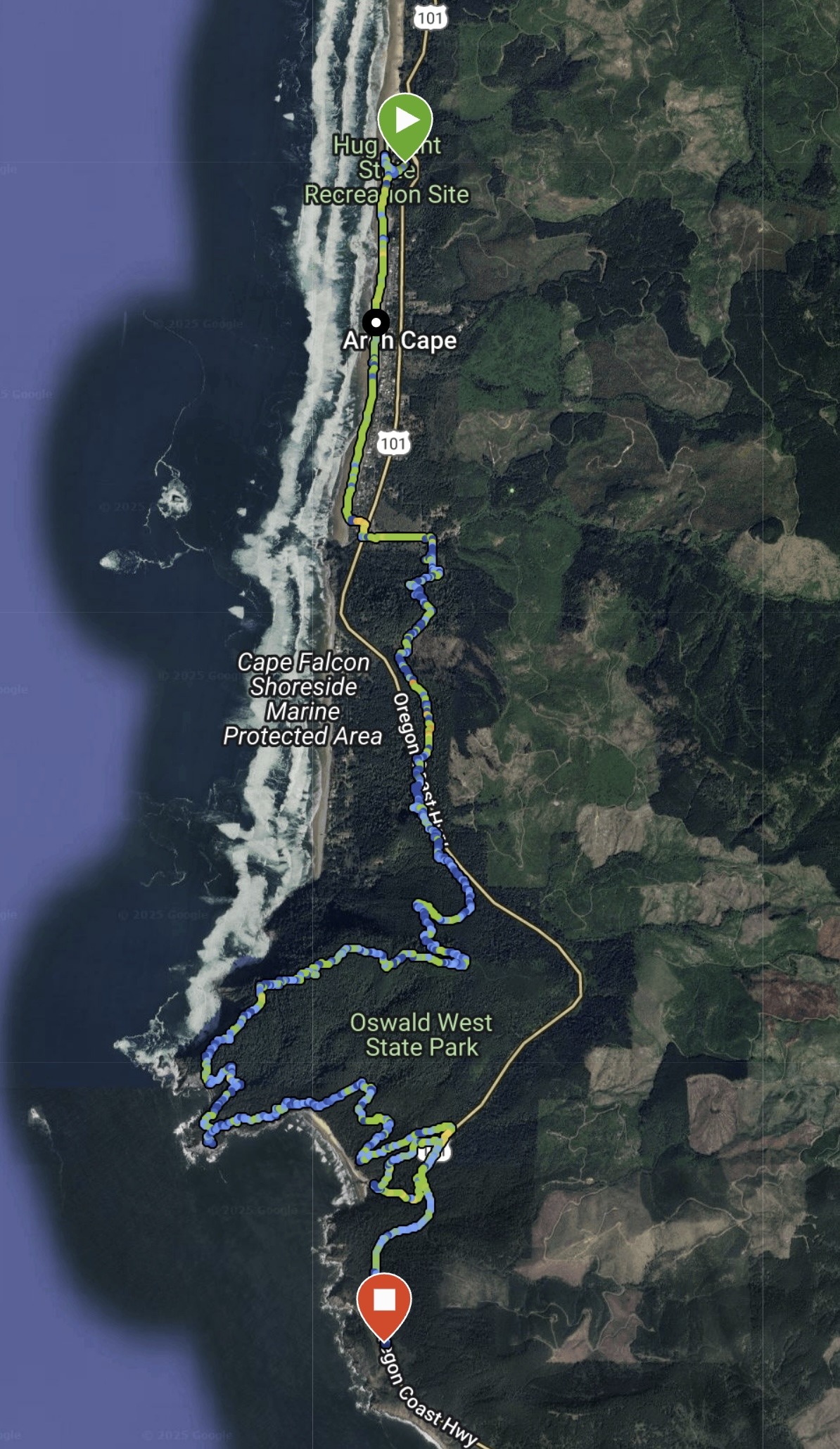 A satellite view of a coastal region. A section of coastline is visible with a winding road (Highway 101) running alongside it. Several parks and recreational areas are marked, including Cape Falcon, Oswald West State Park, and a coastal trail indicated by a blue line. The map showcases the topography and location of different landmarks in the area.
