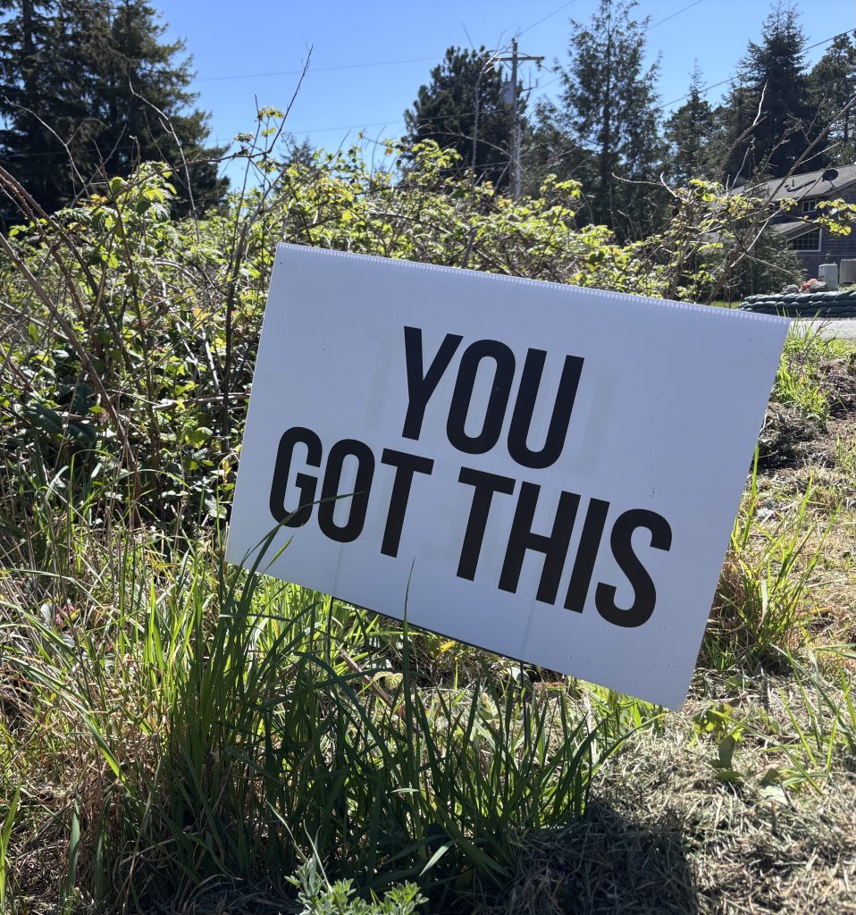 A white sign stuck into the ground says "YOU GOT THIS." 