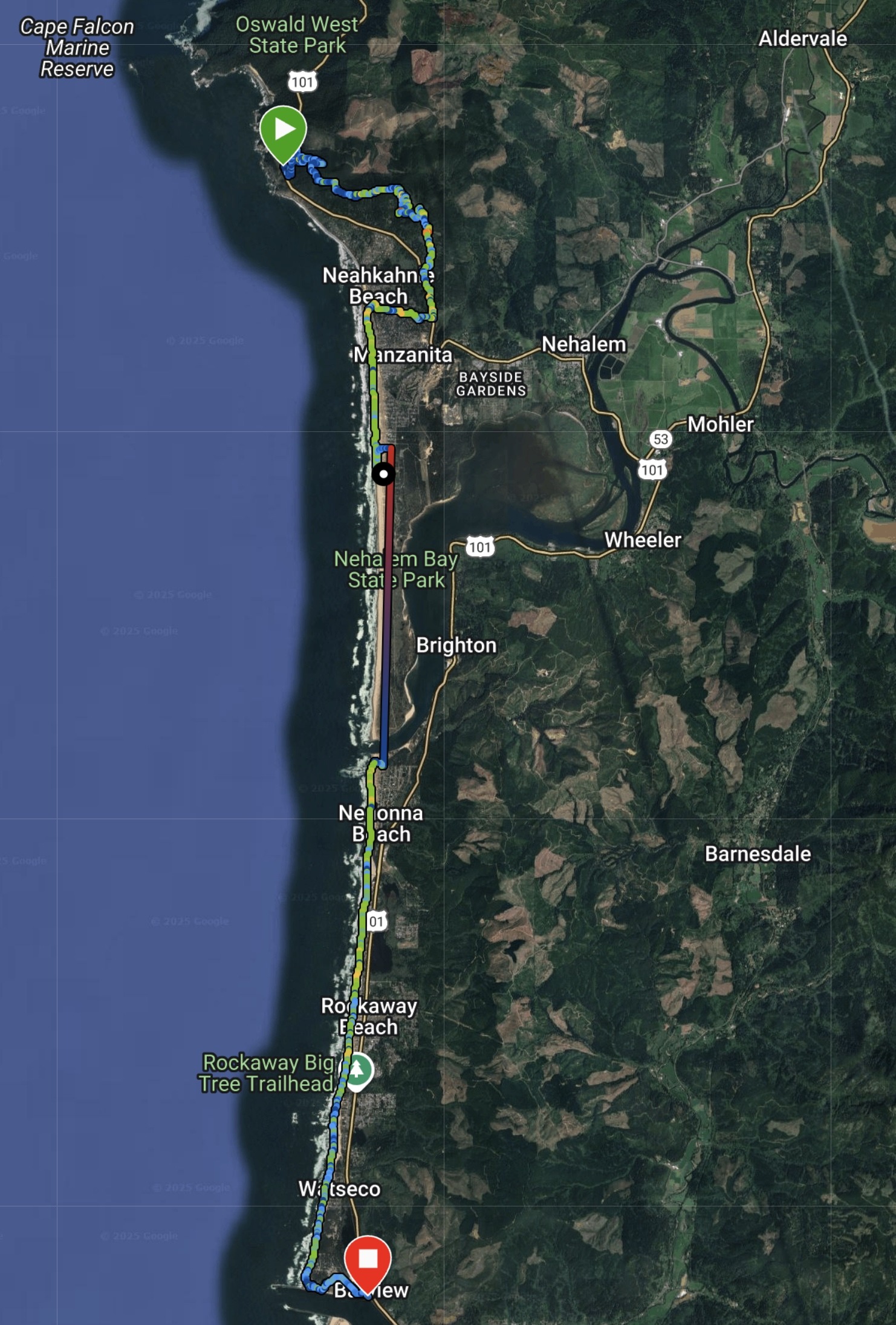 A map view of the Oregon coast, showing a route tracing along the coastline. Key locations including Oswald West State Park, Manzanita, Nehalem, Rockaway Beach, and Cape Falcon are labeled. The route follows Highway 101 and a network of smaller roads and trails, showcasing the geographical layout of the area.