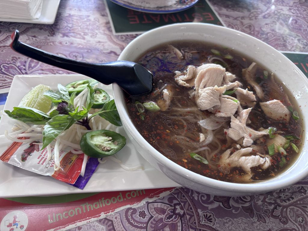 Close-up of a steaming bowl of Thai chicken pho with rice noodles, topped with green onions and chili flakes, served with a side plate of bean sprouts, basil, lime, jalapeño, and sauce packets.