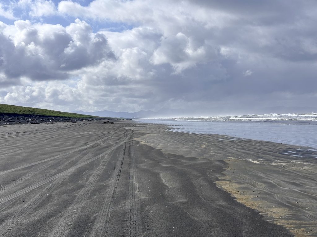 xpansive view of a remote Oregon beach under dramatic clouds, with tire tracks leading down the wet sand toward distant headlands.