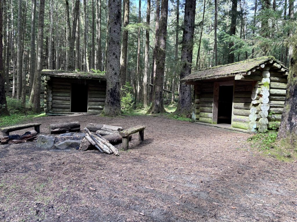 Two rustic log shelters with moss-covered roofs in a quiet forest clearing, with a fire ring and wooden benches in the foreground — backcountry campsite in coastal woods.