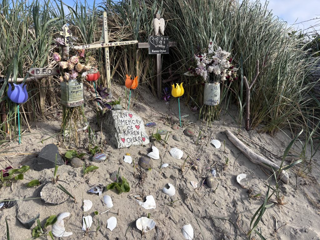 A memorial set on a sandy dune, decorated with colorful, painted rocks and seashells. A small, wooden sign honors the memory of someone, creating a touching tribute amidst the natural environment.