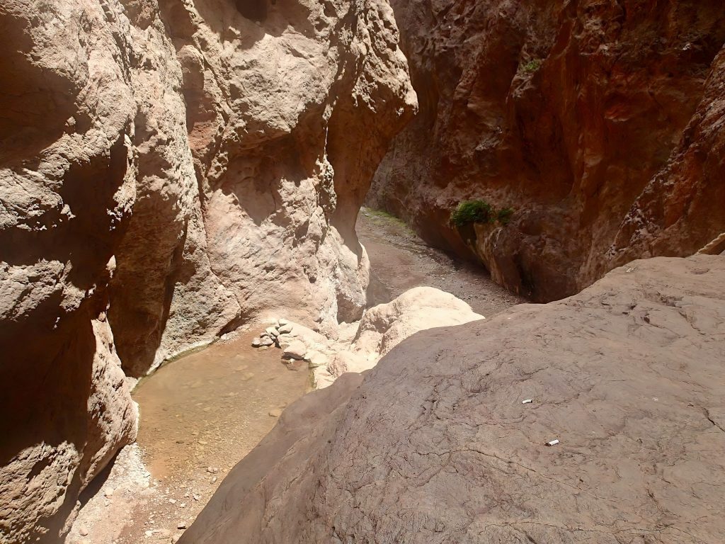 A narrow canyon with rugged, reddish-brown rock walls and a small, shallow pool of water at the bottom.