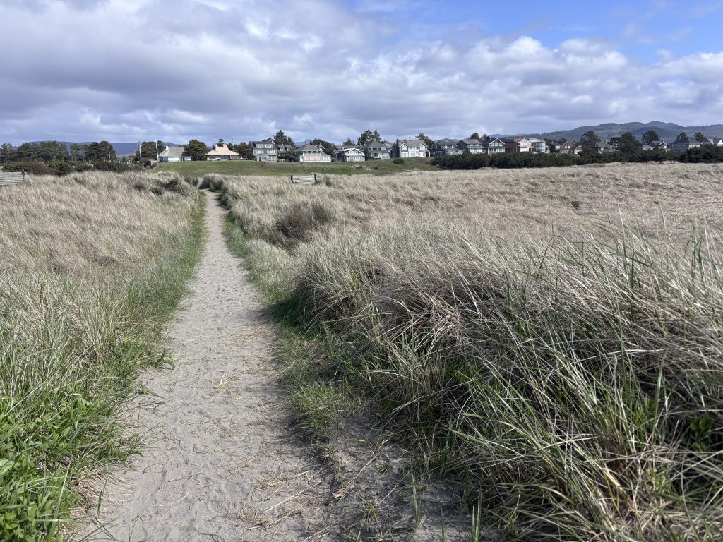 A narrow sandy path cuts through tall coastal grass leading toward a row of quaint seaside homes under a cloudy blue sky. The scene suggests a transition from wild beachscape into a small Oregon coastal town.