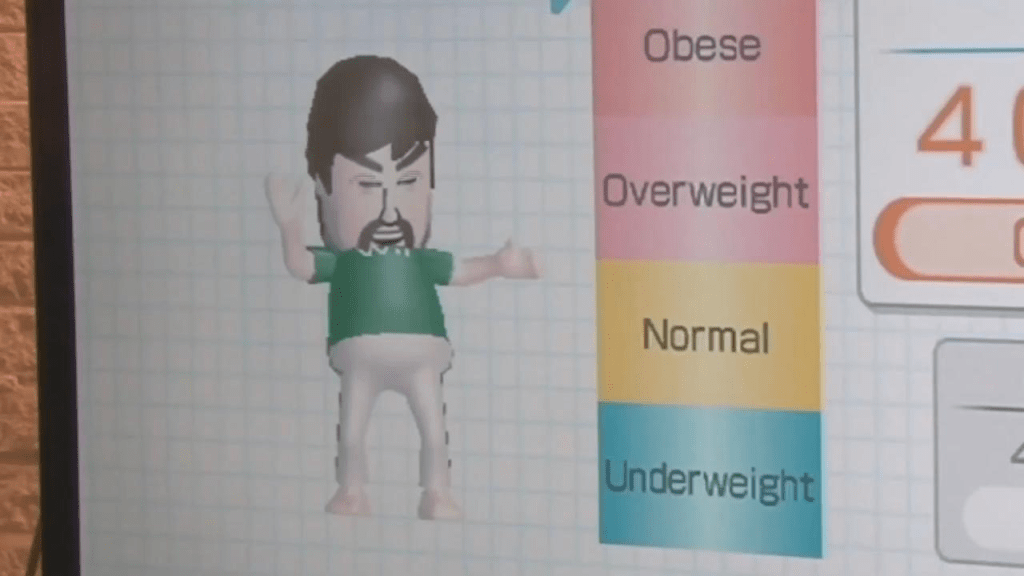 A Wii Fit screen showing a Mii character standing beside a BMI chart. The meter points to the “Overweight” category, and the Mii appears frustrated, with arms raised in disbelief.